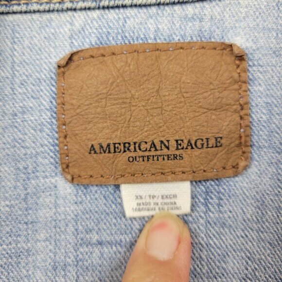 American Eagle Womens Denim Jacket Embroidered Bandana Floral Gorpcore Boho XS - Picture 6 of 16